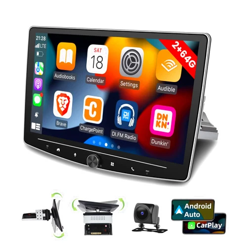 EKAT [2G+64G] 10 inch Android 13 Single Din Touch Screen Car Stereo Rotatable Carplay Radio with Wired/Wireless Carplay & Android Auto, Hi-Fi/Bluetooth/SWC/GPS+AHD Backup Camera