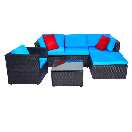 ECOLINEAR 6 Pieces Patio Furniture Set, Outdoor Sectional Wicker Patio Couch, All Weather Rattan Outdoor Furniture with Tea Table and Waterproof Cushions (Blue)