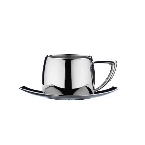 Café Stal DC-508 Art Deco 18/10 Stainless Steel Espresso Cup & Saucer with Cool Touch Hollow Handles, Mirror Polished