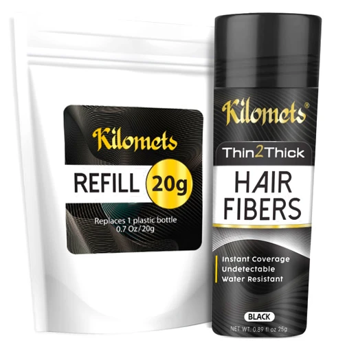 KILOMETS Hair Fibers for Thinning Hair and Refill (45g, Black) - Root Touch Up & Hair Powder For Gray Hair Cover Up - Instantly Thicker & Fuller Look - Completely Conceals Hair Loss in 15 Seconds