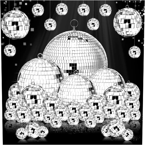 Hoolerry 65 Pcs Disco Balls Reflective Hanging Disco Ball Decorations Assorted Silver Ball for 70s Wedding Dance Music Ballroom Hall Props Club Stage Backdrop Props(12/6/ 4/3.2/2/ 1.2 in)
