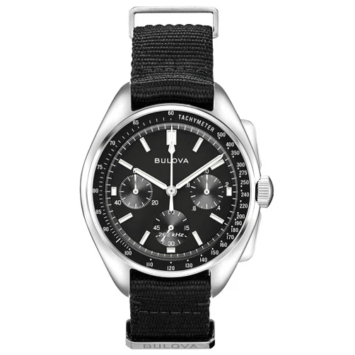 Bulova Men's Archive Series Lunar Pilot 6-Hand Chronograph High Performance Quartz Stainless Steel, Black NATO Strap and Sapphire Crystal Style: 96A225