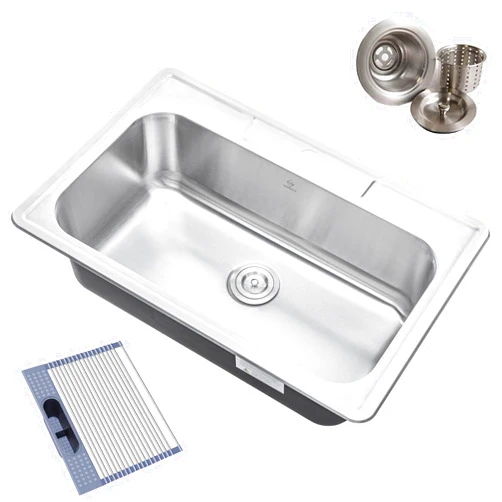 COZY COZYBLOCK CozyBlock 33 x 22 x 9 Inch Top-mount/Drop-in Stainless Steel Single Bowl Kitchen Sink with Strainer and Dishrack - 18 Gauge Stainless Steel-1 Faucet Hole
