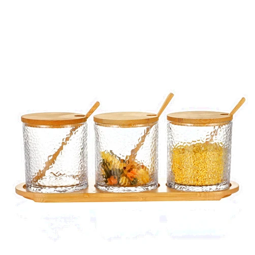 OMITA Condiment Seasoning Pots with Bamboo Lids and Spoons set of 3, Muti-Functional Hammered Glass Canisters Containers for Sugar, Serving Tea, Coffee, Spice, Food - for Kitchen, Coffee Bar and Home