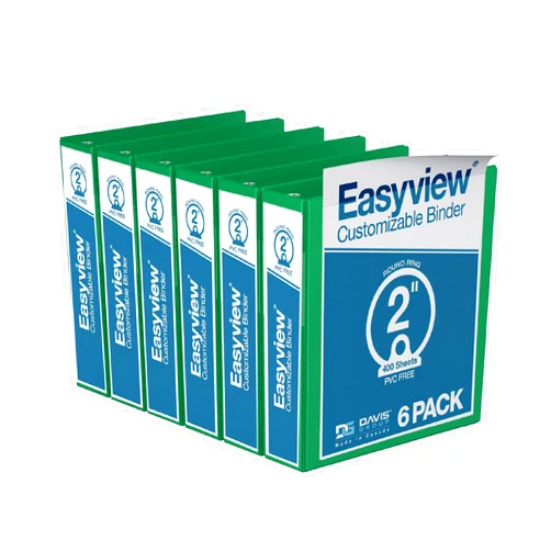 Davis Group EasyView Premium 2-Inch Binders with Clear-View Covers 3-Ring Binders for School, Office, or Home, Colored Binder Notebooks, Pack of 6, Round Ring, Green