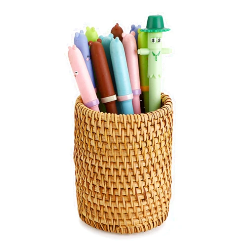 BTSKY Rattan Pen Cup, Handmade Desk Pencil Holders Makeup Brush Holder Multi-Functional Woven Basket Office&Home Desktop Organizer(Cylinder)
