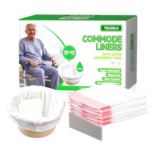 TELEGLO Commode Liners with Absorbent Pads-60PCS Bedside Commode Liners Disposable-Portable Toilet Bags for Toilet Chair Bucket/Commode Toilet- Waste Bags Fits All Standard Toilet Potty Bedpan(60Bags&60Pads)