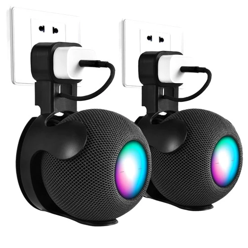 V-MORO HomePod Mini Wall Mount Holder, Outlet Mount Stand Hidden Cable Management for Apple HomePod Mini Smart Speaker Shelf Without Messy Wires Excellent Space Saving Punch-Free 2-Pack Black