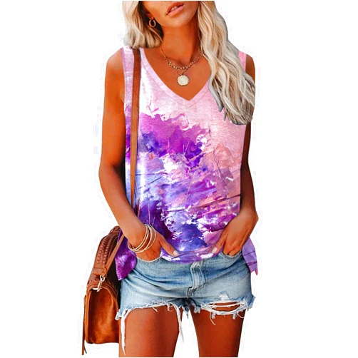 ETCYY Womens Summer Tops Sexy Tie Dye V Neck Tank Top Loose Fit Cute Printed Workout Sleeveless T Shirts