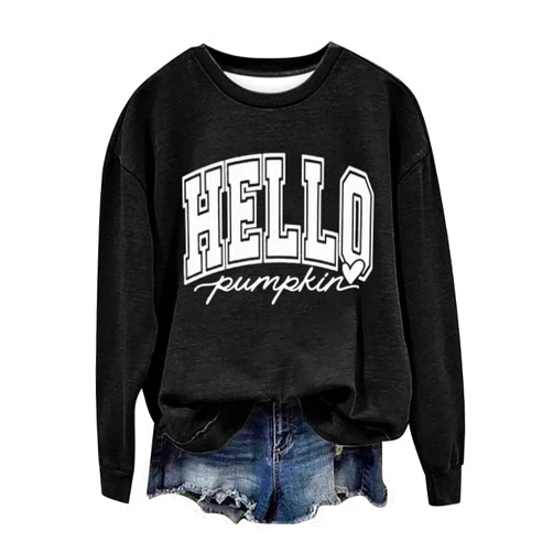 Generic Womens Halloween Sweatshirt Hello Pumpkin Crewneck Long Sleeve Pullover Tops Casual Halloween Cute Sweatshirts Fall Clothes
