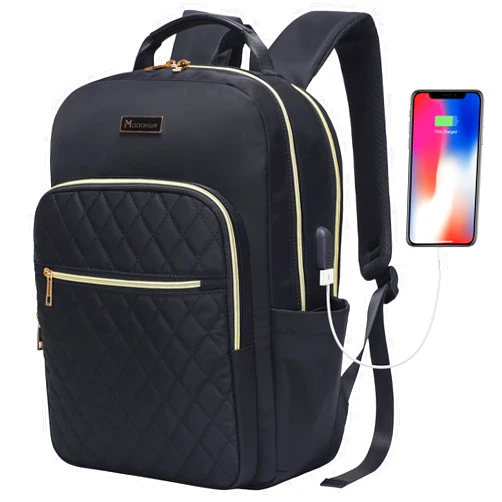 Modoker Eco-Friendly 15.6 Inch Laptop Backpack, Quilted Work Backpack for Women Bookbag Teacher Backpack with USB Charging Port, Travel Backpack Purse for Women Nurse, Black