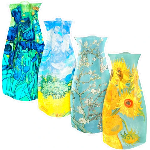MODGY Expandable Flower Vase Set, Plastic Decorative Modern Foldable Printed Vases for Centerpieces for Wedding, Dining Table, Home Decor, Living Room, Bathroom, Office, Vincent Van Gogh, 4 Pack