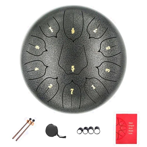 LukyTimo Steel Tongue Drum 10 inch 11 Notes, LukyTimo Handpan Tank Drum C Key Percussion Steel Drum Kit, Drum Mallets Note Stickers Finger Picks Mallet Bracket and Gig Bag (Black)