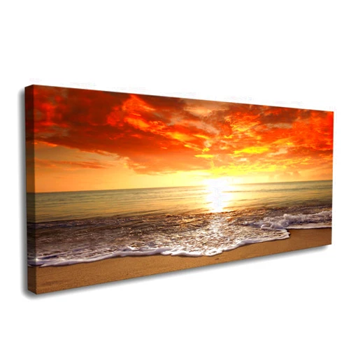 Baisuart-S0150 Canvas Prints Wall Art Sunset Ocean Beach Pictures Photo Paintings for Living Room Bedroom Home Decorations Modern Stretched and Framed Seascape Waves Landscape Giclee Artwork