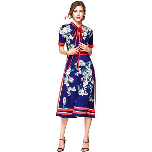 LAI MENG FIVE CATS Women's Vintage Retro Shirt Collar Allover Floral Print Casual Elegant Midi Dress