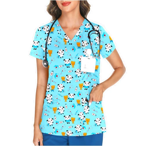 LOMON Scrubs for Women V Neck Printed Scrub Tops Soft Knit Nurse Uniform Shirts with 3 Pockets