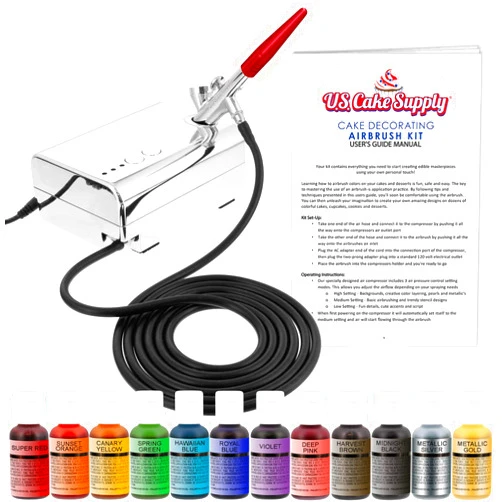 U.S. Cake Supply - Complete Cake Decorating Airbrush Kit with a Full Selection of 12 Vivid Airbrush Food Colors - Decorate Cakes, Cupcakes, Cookies & Desserts
