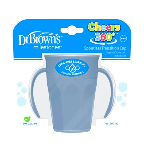 Dr. Brown's Milestones Cheers 360 Cup Spoutless Transition Cup with Handles for Easy Grip & Leak-Free Learning, Blue, 7oz/200mL, 6m+ (Colors May Vary)