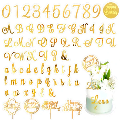 DRWATE Acrylic Alphabet Number Cake Topper DIY Personalized Name Cupcake Toppers with A-Z Letter 0-9 Number Happy Birthday Sets for Custom Wedding Cake Decorations Baby Shower Party Supplies (Style1 Gold)