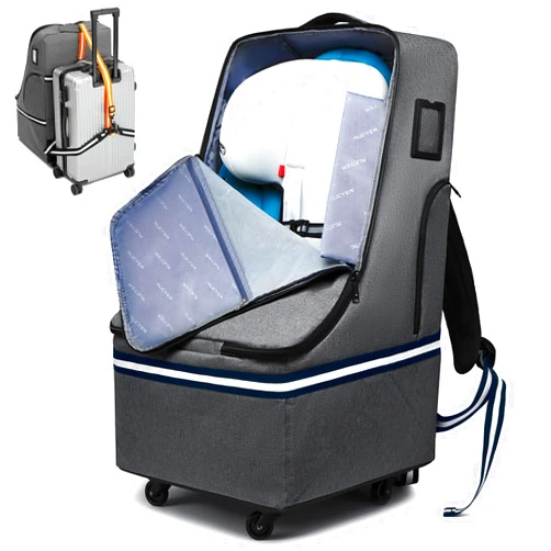 RUCYEN Rolling Car Seat Travel Bag, Padded Carseat Travel Backpack for Airplane,Large Durable Travel Bag with 4 Wheels,Adjustable Shoulder Strap and Waterproof Base Dark Grey