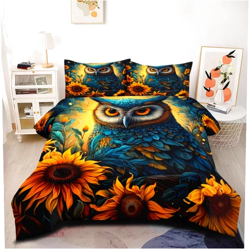 CCoutueChen Owl Comforter Set King Size Sunflower Bedding for Women Girls Teens 3D Animal Print Comforter Blue Yellow Botanical Flower Bed Set Oil Painting Lightweight Down Comforter