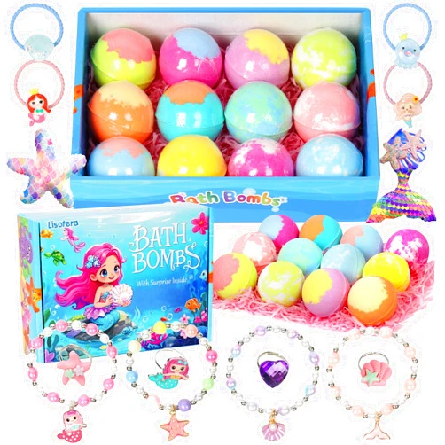 Lisotera Girls Bath Bombs with Toys Inside for Kids, 12 Pcs Natural Mermaid Princess Bubble Bath Bomb with Jewelry Surprise Inside, Christmas Easter Basket Stuffer Valentines Day Birthday Gift Set