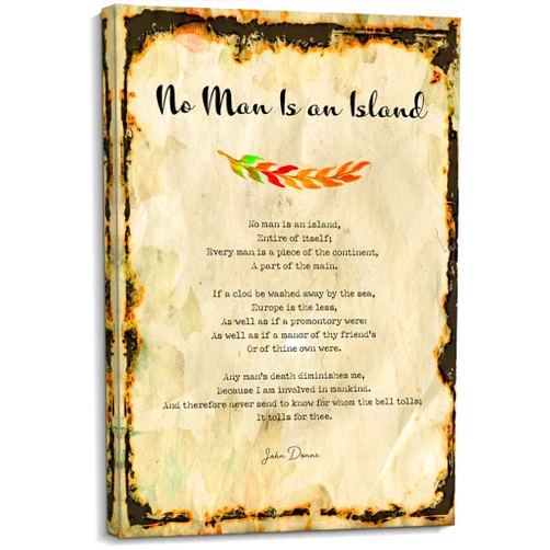 CZWTXWD No Man Is An Island Poem Wall Decor John Donne Quotes Wall Art Poetry Posters for Home Wall Decorations for Bedroom Canvas Modern Oil Paintings for Bathroom Decorative Pictures Hallway Artwork (16x24inch(40x60cm),Framed)