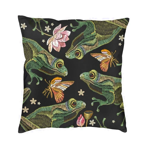 Duduho Cozy Throw Pillow Cover Vintage Frogs Lotus Flowers and Butterfly Decorative Square Pillowcase Throw Cushion Case for Bedroom, Living Room, Sofa, Couch and Bed, 18 x 18 Inches