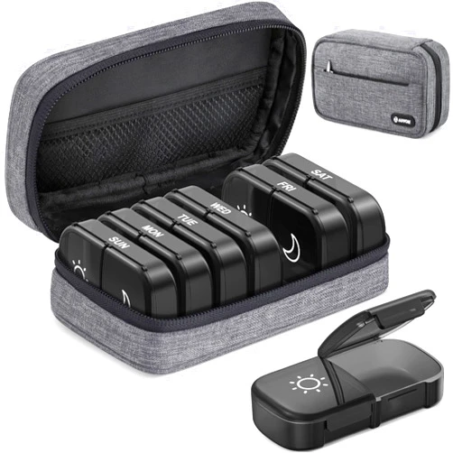 AUVON Canvas Bag XL Weekly Pill Organizer 2 Times a Day, Travel Pill Box 7 Day with One-Side Large Opening, AM PM Pill Case with Portable Cloth Bag for Supplements, Vitamins, Fish Oils