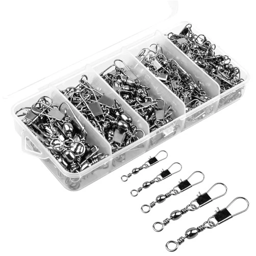 ReeMoo 200PCS Fishing Rolling Ball Bearing Barrel Swivel with Safety Snap Connector Fishing Accessories #2#4#6#8#10