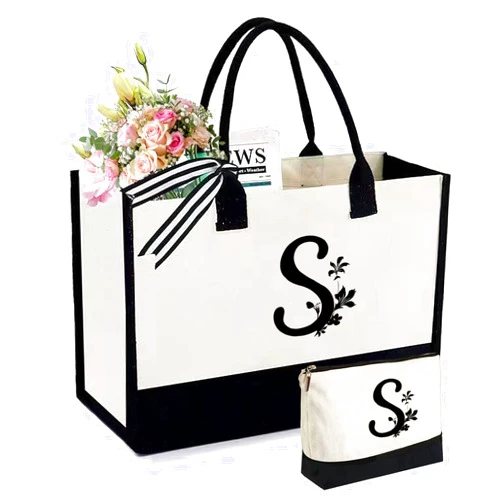 KDBDSYZB Personalized Gifts for Women - Initial Canvas Tote Beach Bag & Makeup Bag, Unique bags for Christmas, Birthday, Holiday, Wedding, Monogram Birthday Gifts for Women, Wife, Friends, sisters, Mom (S)