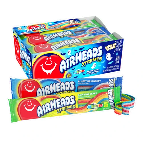 Airheads Xtremes Belts, Halloween Trick or Treat Pack, Rainbow Berry and Bluest Raspberry Flavors, Assorted Multipack, 2oz (Pack of 18)