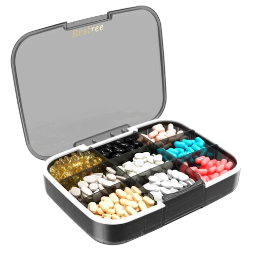 Restree Large Pill Organizer, Portable Pill Dispenser, Moisture-Proof Travel Pill Case for Vitamin, Medicine, Fish Oil/Supplements Extra Large 9 compartments (Black)