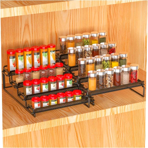 LUHENPING 4 Tier Spice Rack Organizer for Inside Cabinet Expandable Display Riser Shelf Seasoning Organizer for Countertop Cupboard Pantry Adjustable Step Storage Holder with Protection Railing (Black, 2PC)