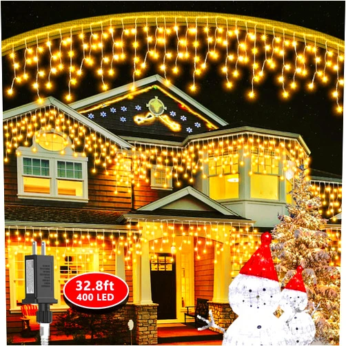 HIWUP New 2023 Christmas Icicle Lights Outdoor,400 LED 32.8ft 8 Modes Fairy Starry Hanging Icicle Lights with 64 Drops,Led Christmas Twinkle Lights for Holiday,Party,Eaves,Indoor Xmas Tree Decorations