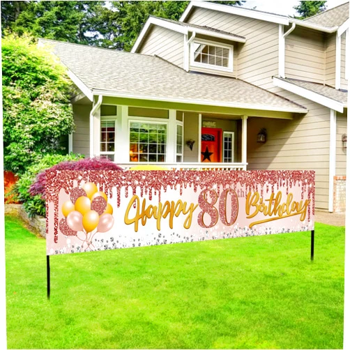 Excelloon 80th Birthday Banner Decorations for Women, Pink Rose Gold Happy 80 Birthday Yard Banner Party Supplies, 80 Year Old Bday Background Sign for Outdoor Indoor