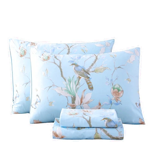 RYNGHIPY Egyptian Cotton Bed Sheet Set Blue Bird Botanical Pattern Bed Sheets Deep Pocket Fitted Sheet Tree Branches Print Bedding Soft Breathable (Light Blue,King Size)