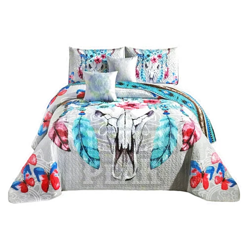 Western Peak Bull Skull Native Tribal Feather Artisan Southwestern Boho Design Quilt Bedding Set with Pillows (5 Piece Set, King)