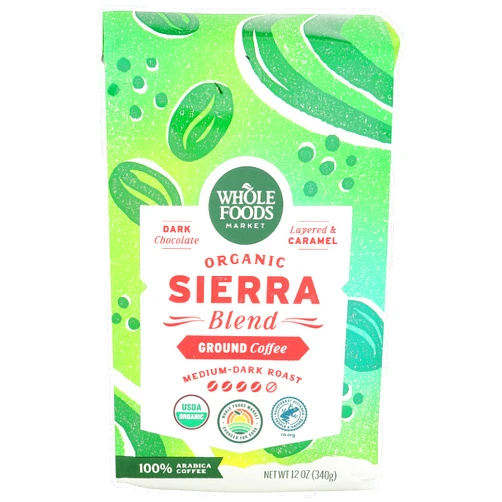 Whole Foods Market, Organic Sierra Blend Ground Coffee, Medium-Dark Roast, Dark Chocolate & Caramel, 12 Ounce