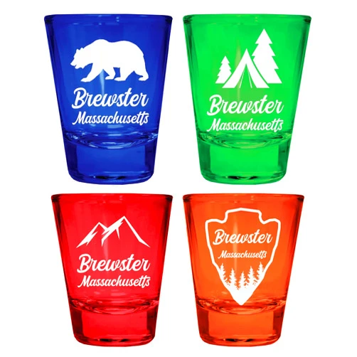 R and R Imports Brewster Massachusetts Souvenir 4-Pack Multicolor Engraved Round Shot Glasses Camping and Outdoors Set