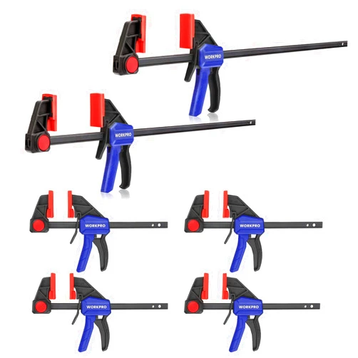 WORKPRO Bar Clamps for Woodworking, 6-Pack One-Handed Clamp/Spreader, 6-Inch (4) and 12-Inch (2) Wood Clamps Set, Light-Duty Quick-Change F Clamp with 150 lbs Load Limit Blue