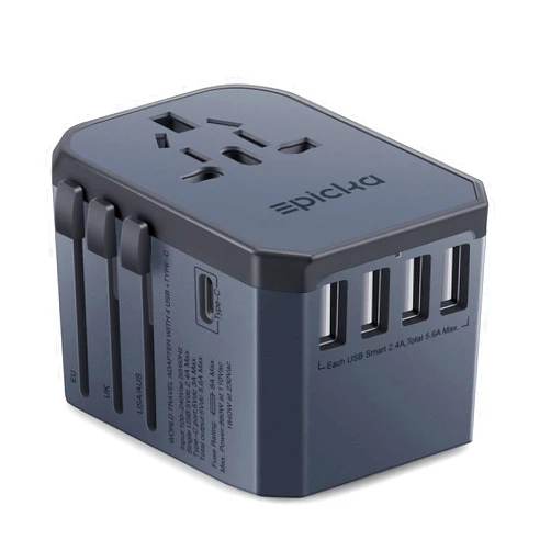 EPICKA Universal Travel Adapter One International Wall Charger AC Plug Adaptor with 5.6A Smart Power and 3.0A USB Type-C for USA EU UK AUS (TA-105, Space Gray)