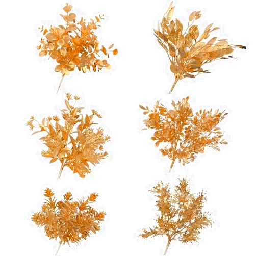 Ohsail 6PCS Golden Artificial Plants Gold Leaves Pine Nut Eucalyptus Branches Plants for Wedding Bridal Bouquet Party