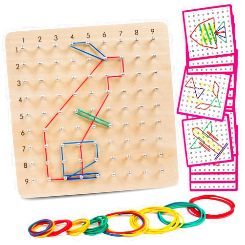 Skrtuan Wooden Geoboard with Rubber Bands, Montessori Educational Toy for Kids, Pattern Block Geo Board with Pattern Cards and Rubber Bands Create to Figures Shape STEM Puzzle Matrix Brain Teaser
