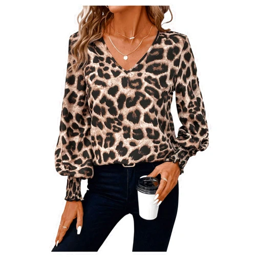 SweatyRocks Women's Leopard Print V Neck Long Lantern Sleeve Shirred Blouse Shirt Tops