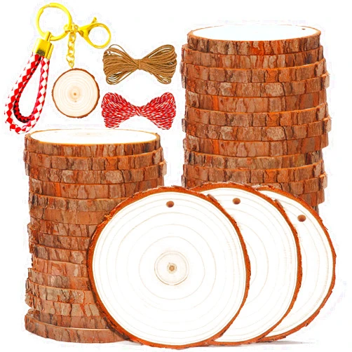 SENMUT Wood Slices 30 Pcs 3.5-4.0 inch Natural Rounds Unfinished Wooden Circles Christmas Wood Ornaments for Crafts Wood Kit Predrilled with Hole Wood Coasters Craft Supplies for DIY and Painting