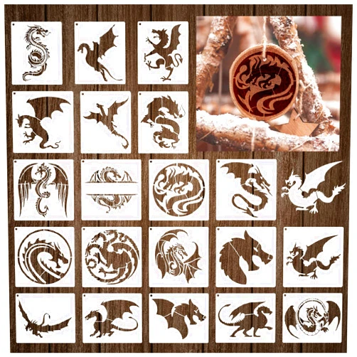 Boqon 20 Pieces Dragon Stencils Template Reusable Mylar Craft Stencils for Painting on Wood Canvas Walls Decorations DIY Projects (20 Dragon)