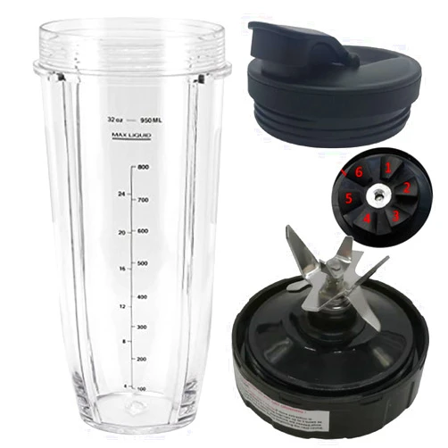 Joystar Replacement 6 FINS Gear Extractor Blades with 32oz cup with spout lid Works for Nutri NinjaProBL450-70/BL456-70/BL451-70/BL454-70 Nutri Ninja Auto-iQ BL480-70/BL480D-70/BL481-70/BL482-70/BL490-70 (3)