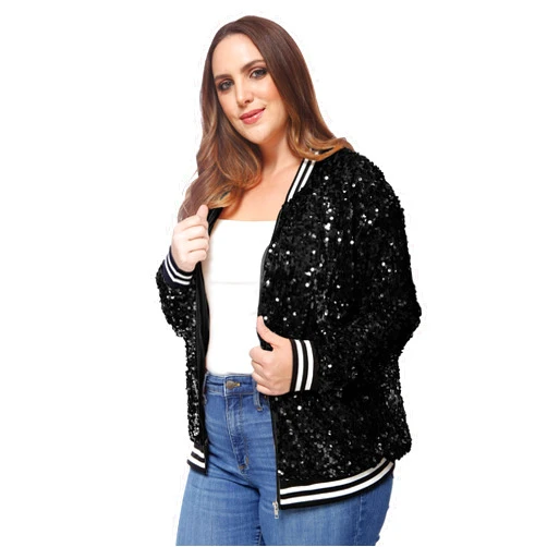 Anna-Kaci Women's Plus Size Sparkly Jacket Long Sleeve Zip Up Sequin Bomber Jacket Coat