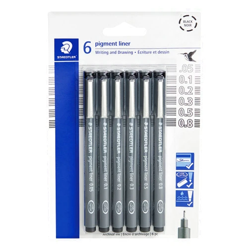 STAEDTLER Pigment Liner Pack, Black, 6 Pens, Assorted Line Widths, 0.05mm, 0.1mm, 0.2mm, 0.3mm, 0.5mm, 0.8mm
